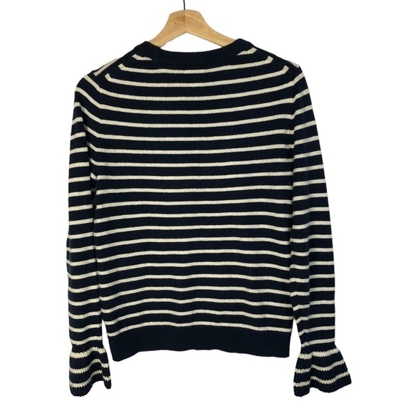 J. Crew Navy Blue & White Stripe Ruffle Sleeve Crewneck Sweater XS - Picture 3 of 4